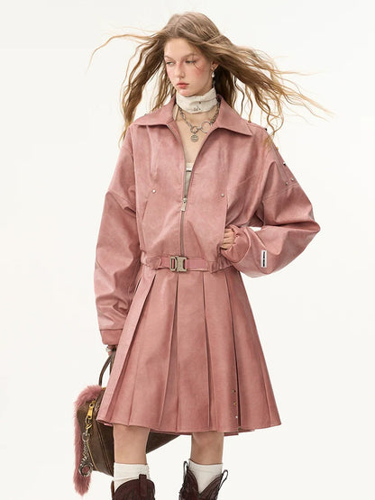 Damaged Mode Lederjacke + Mittellanger Rock + Ledermantel mit Taillengürtel