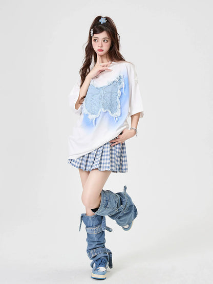 Sheer Loose Blue T-Shirt Butterfly Big