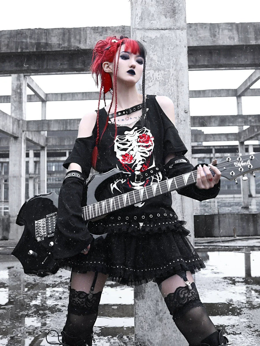 T-shirt Sleeve Dark Leather Skull Button