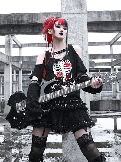 T-shirt Sleeve Dark Leather Skull Button