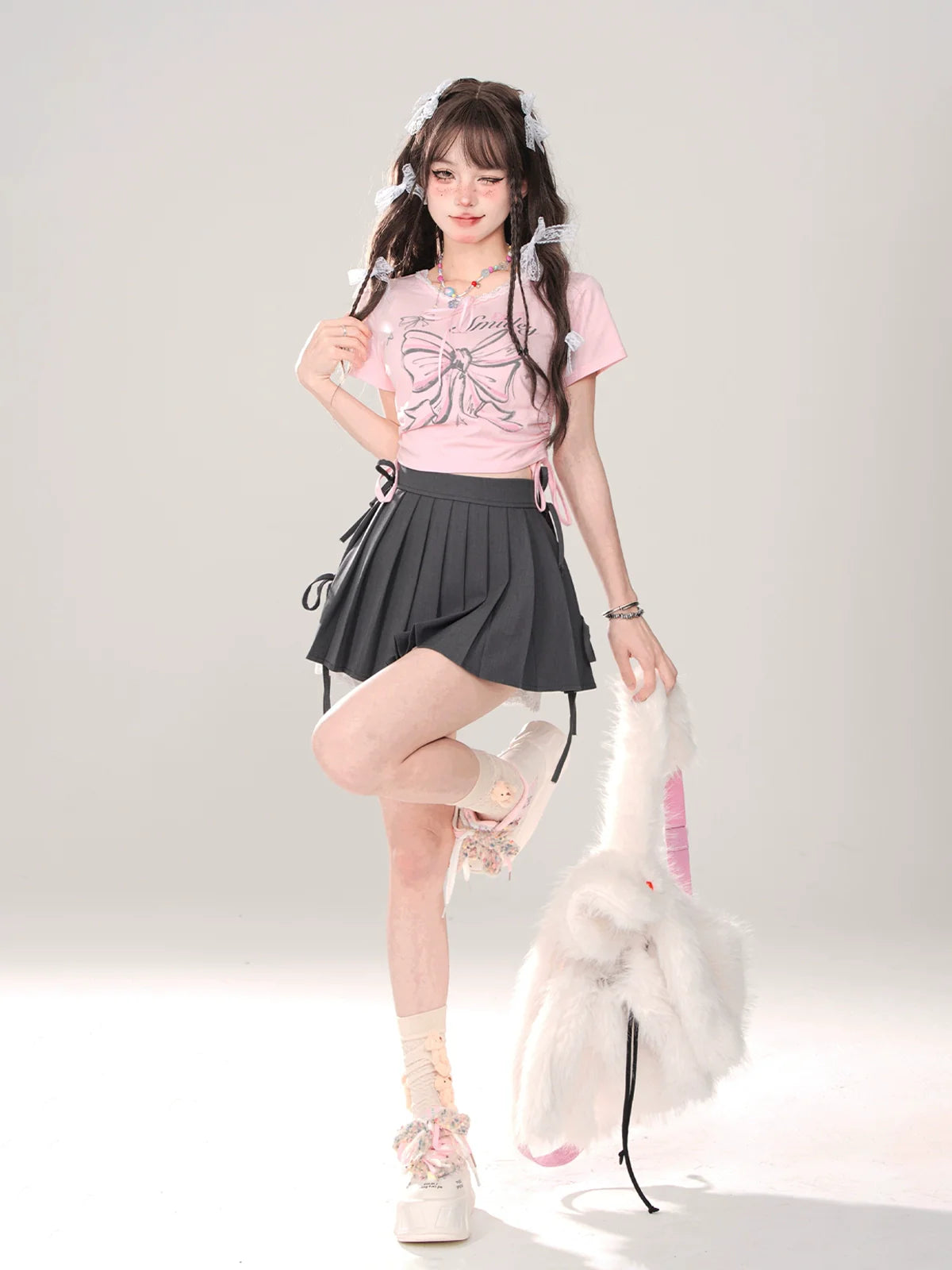 T-Shirt Slim Ribbon Short Lace Drawstring Pink