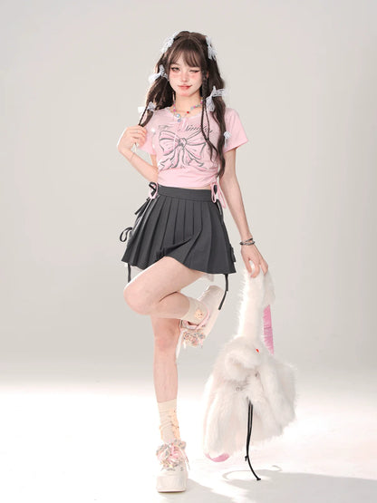 T-Shirt Slim Ribbon Short Lace Drawstring Pink