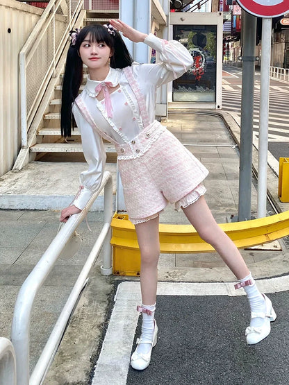 Mädchen Bluse Hose Rosa Hosenträger Pure Tweed