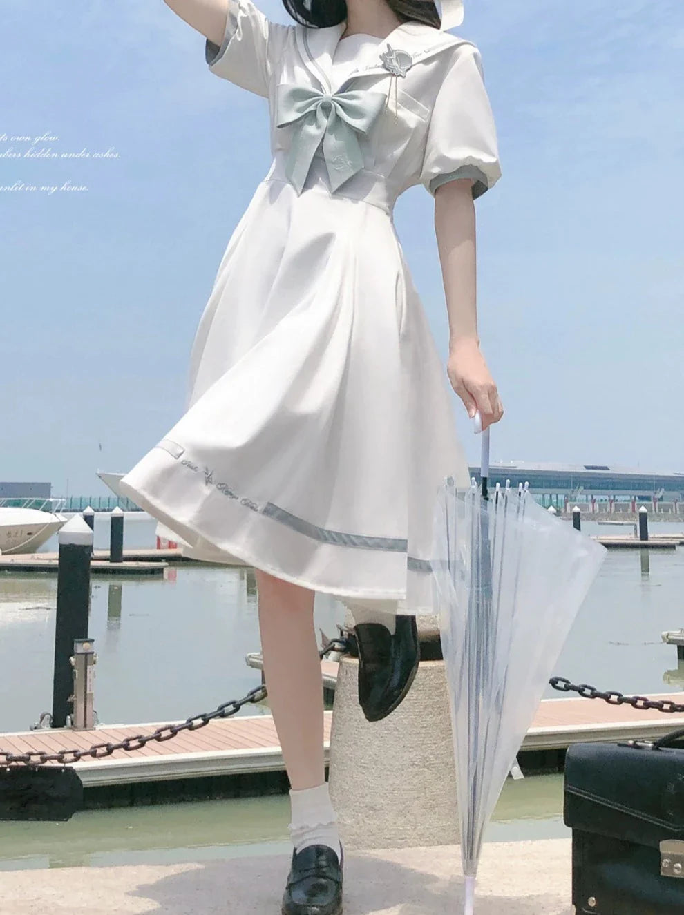Tie Collar Puff + Sleeve Sailor Haori Tulle Dress Ribbon + Badge Overskirt