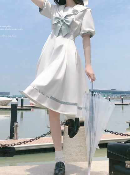 Tie Collar Puff + Sleeve Sailor Haori Tulle Dress Ribbon + Badge Overskirt