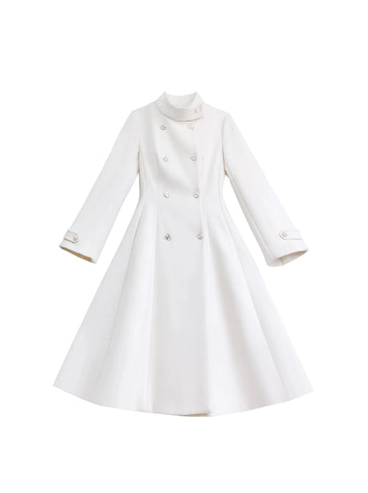 スタンドカラーウールコート エレガント レトロ リボン ダブルブレスト