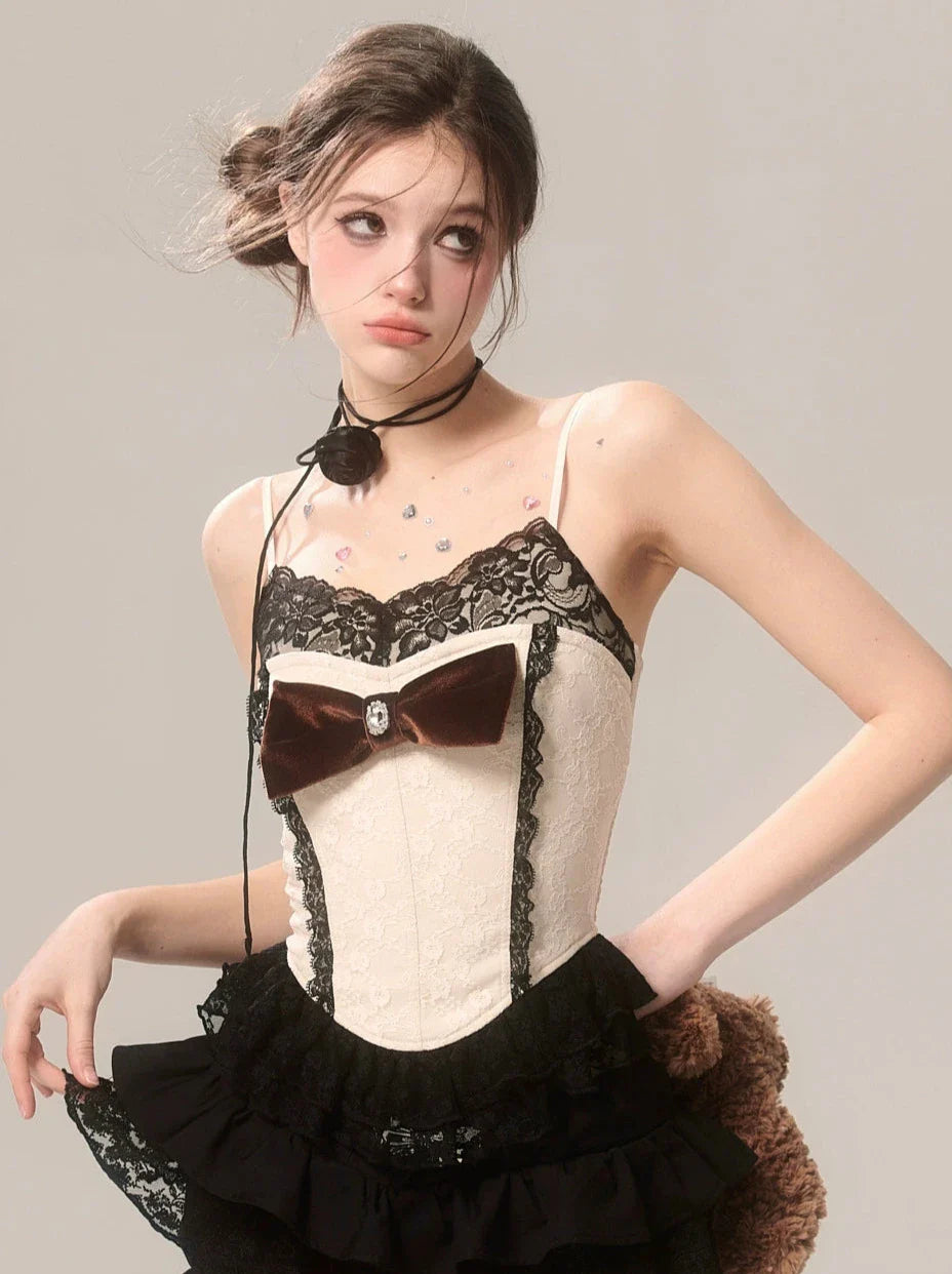 Lace Style Sleeveless French Outer Ribbon Top Camisole