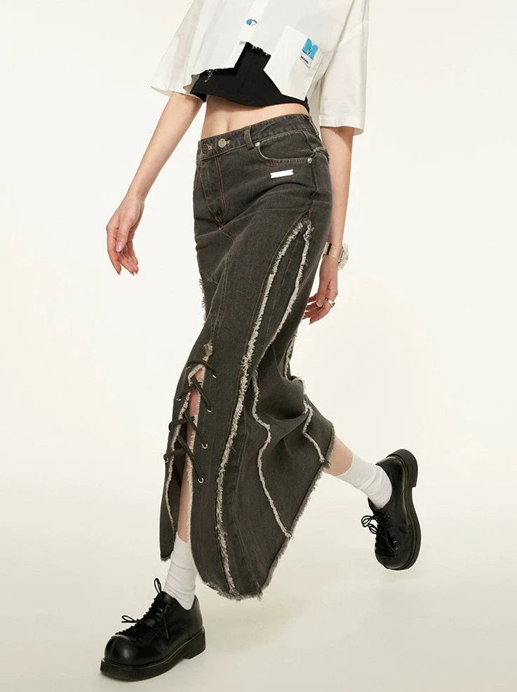 Schlitz Asymmetrischer Damaged Rock Denim Retro