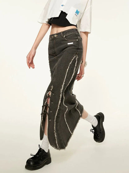 Schlitz Asymmetrischer Damaged Rock Denim Retro