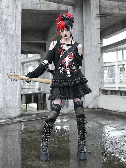 T-shirt Sleeve Dark Leather Skull Button