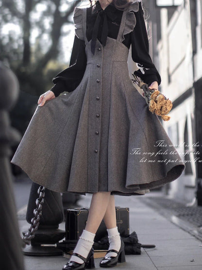 Sleeve Skirt Shoulder + Retro Suspender Black Ruffle Shirt Ribbon Elegant Volume