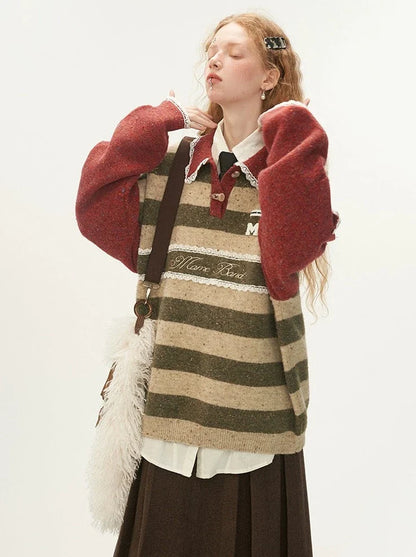 Polo Striped Sweater Retro Lace Pullover