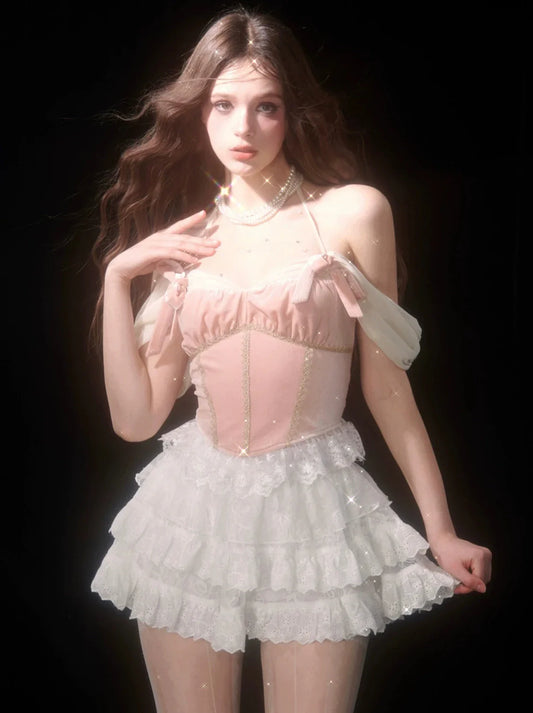 Lace White Lace Off-the-shoulder Cake Style + Ballet Skirt Top Pink Velvet Strap