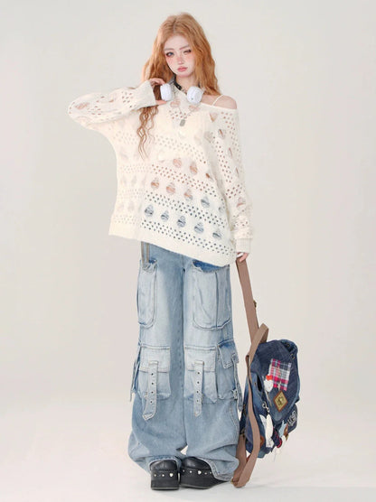 Ripped Cutout White Top Knit