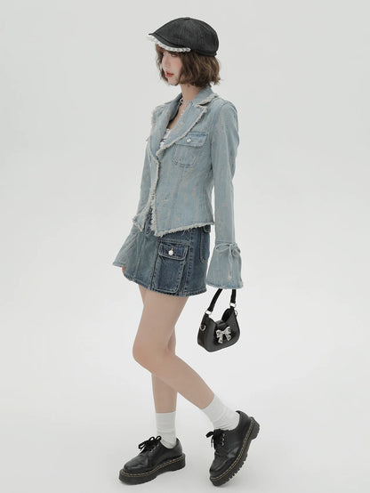 レトロアメリカンウォッシュスーツカラーデニムジャケット