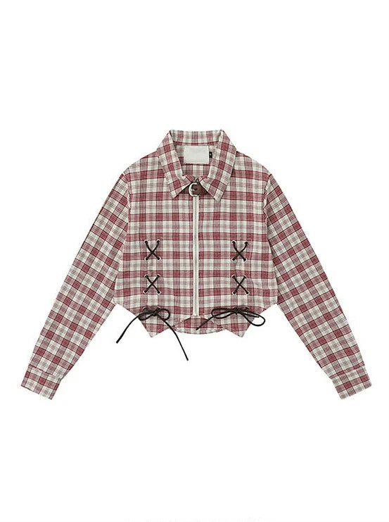 アメリカンチェックデザインショートシャツ レトロストラップ