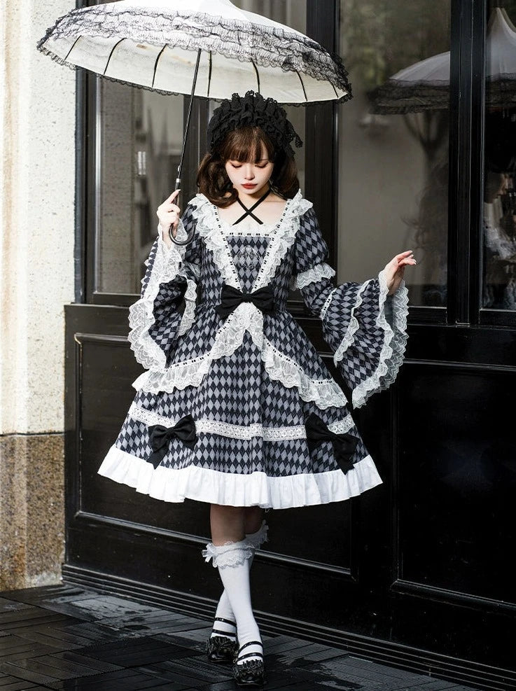 大きなチェックのロリータリボンドレス