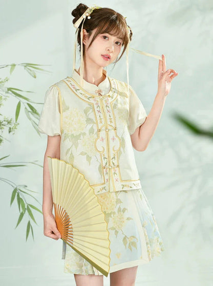 Chinese Shirt + Skirt + Jacquard Sleeve Vest Puff