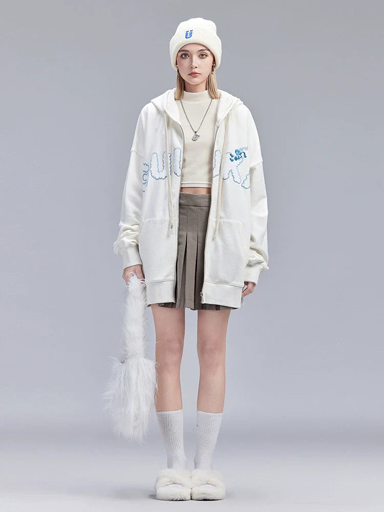 Over Fluffy Hoodie Hooded Zip-Up American Logo Hood