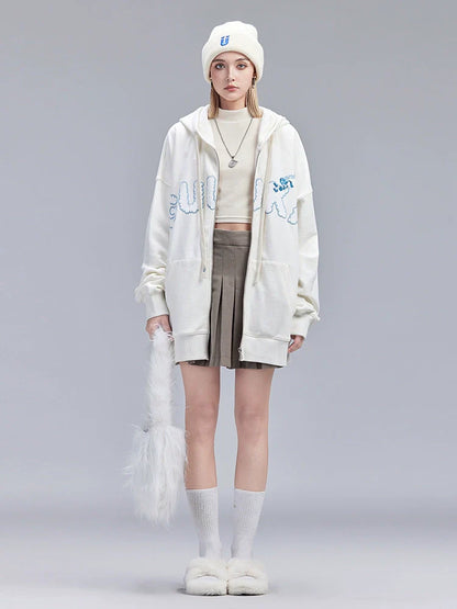 Over Fluffy Hoodie Hooded Zip-Up American Logo Hood