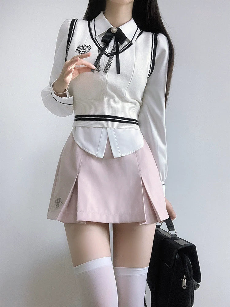 Jacket College Vest + Skirt Shirt Box + Slim Pleated Girl Sweet Ribbon Style