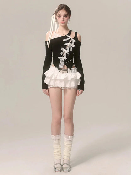 Asymmetrisches Top Off-Shoulder Faux Ribbon Lace Schwarz Zweiteiler