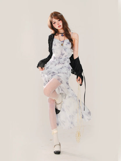 夏のシフォンドレス バタフライカーディガン + アシンメトリー