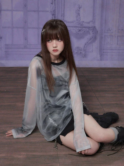 Transparenter Print Grau Top Mode Mesh