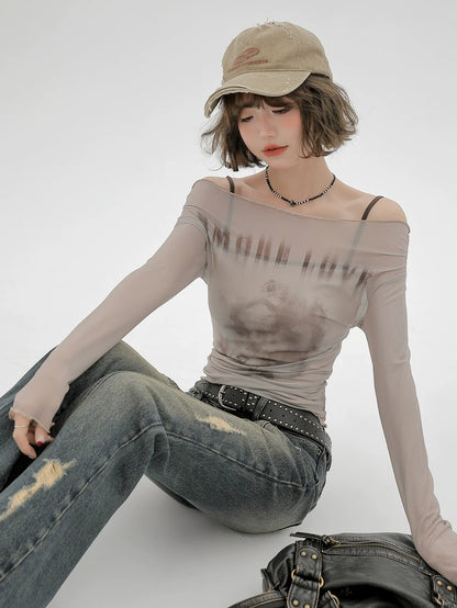 Sheer Inner Camisole Off-the-shoulder Mesh American + T long