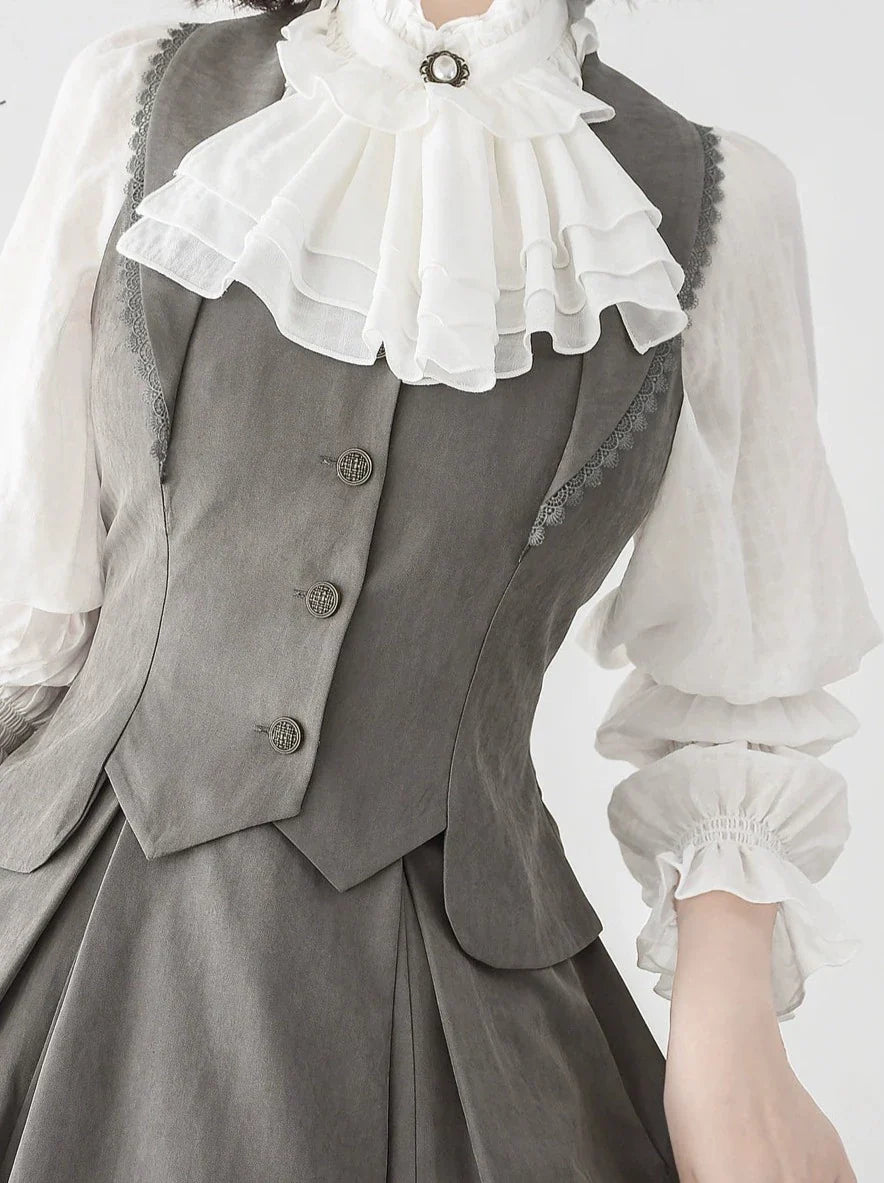 Vest Retro Colored Classical + Long Flared Blouse Skirt