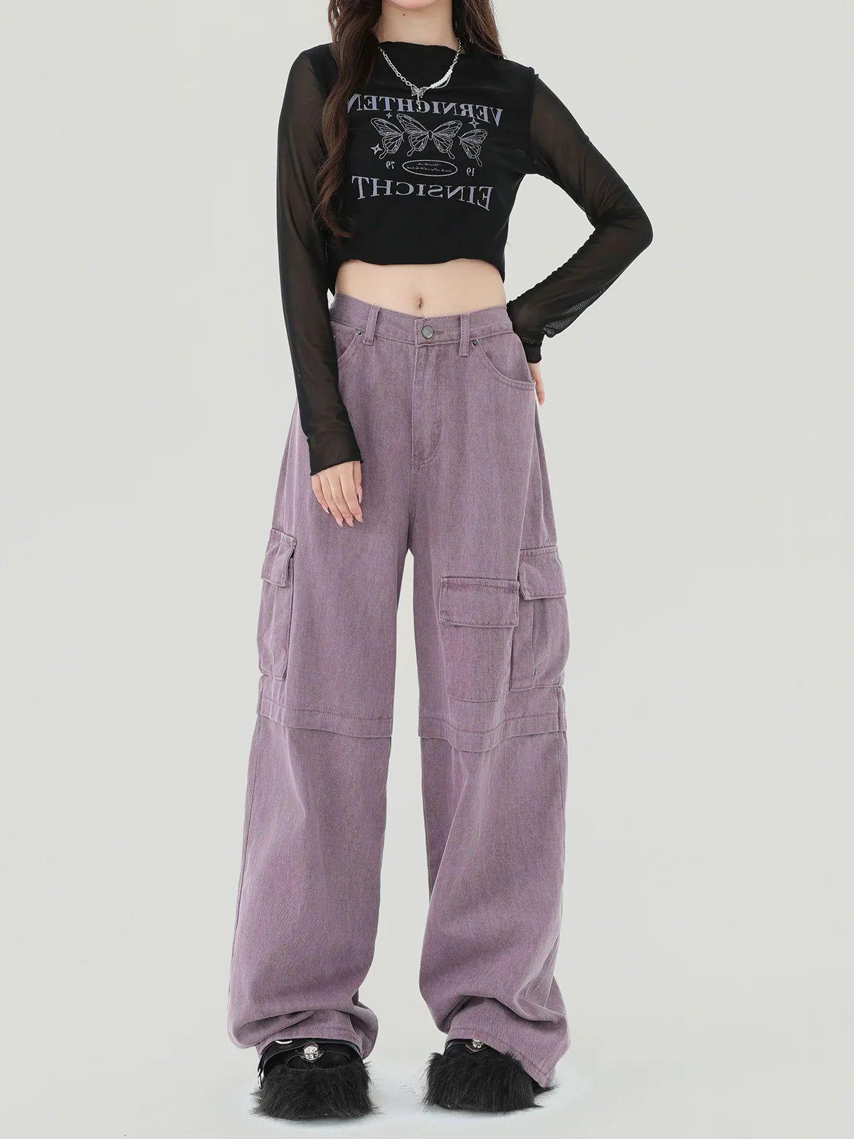 パープルアメリカンカーゴデニムパンツレトロ