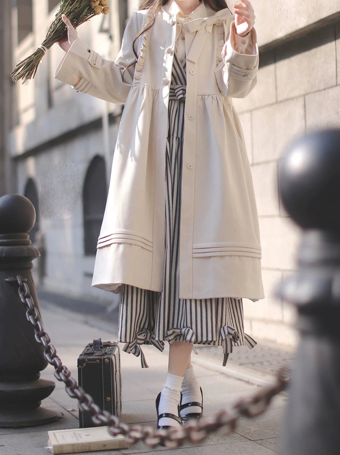 Ribbon French V-Neck + Shirt Dress Retro Striped Ribbon