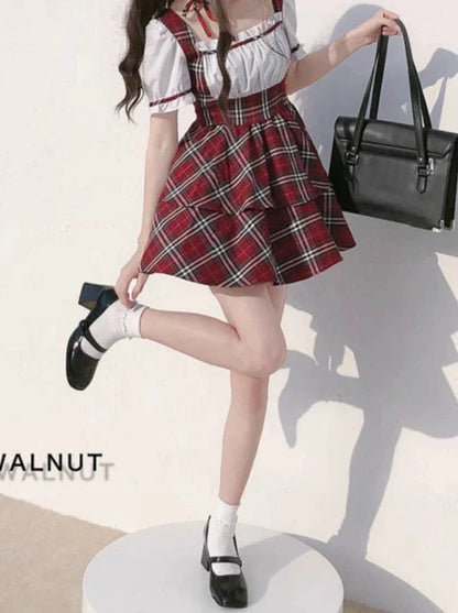 Hose Puff Scottish + Choker Ribbon Puffärmel Cake + Kariertes Kleid Rot