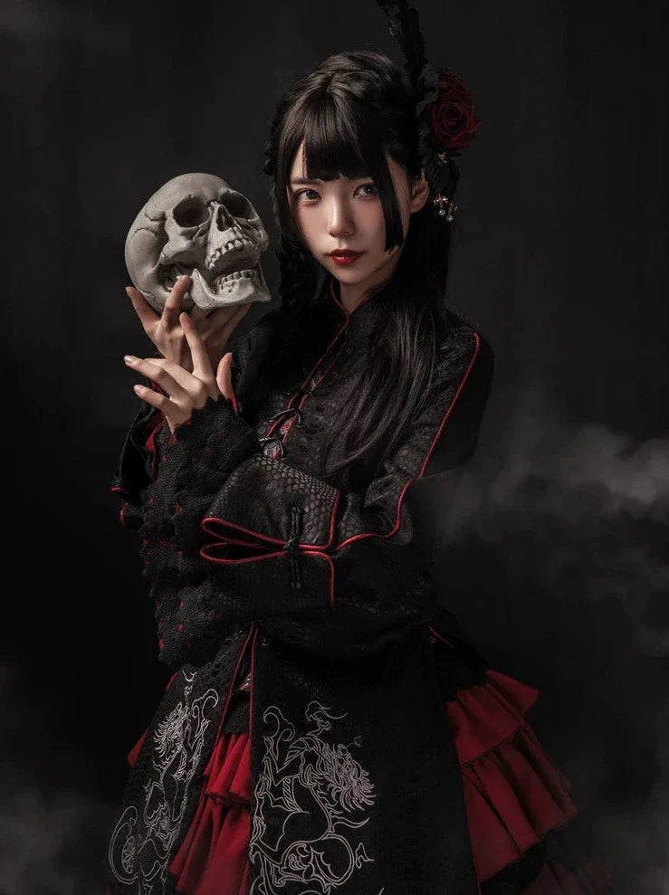 チャイナロリータゴゴシックケープ+ロングジャケット+キャミソール+スカート+ウエストバンド