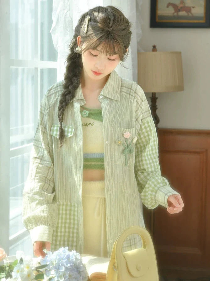 カジュアルミントショートシャツ+スカートインナーチェックニットスウィート