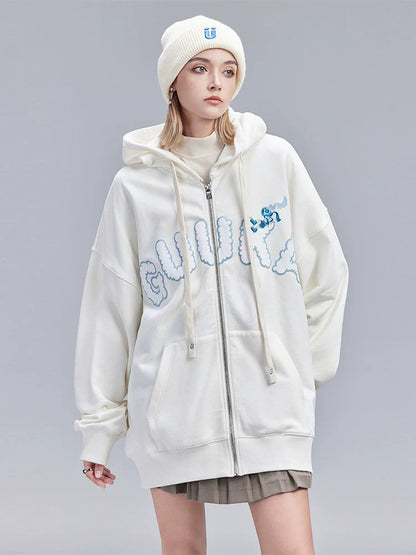 Over Fluffy Hoodie Hooded Zip-Up American Logo Hood