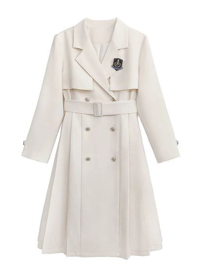 Rock + Faltenmantel Apricot Metall + Schwarzes Band College Shirt Gesticktes Abzeichen Trenchcoat