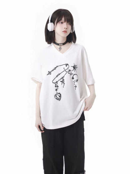 Black T-Shirt V-Neck Print White Gemstone