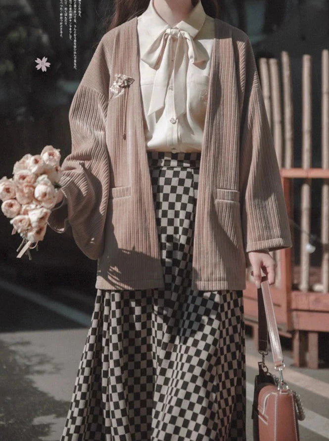 Chiffon Jacket Skirt Retro + Ribbon Checkered Dark Feather Skirt Shirt + Note Showa Brooch Cherry Gray