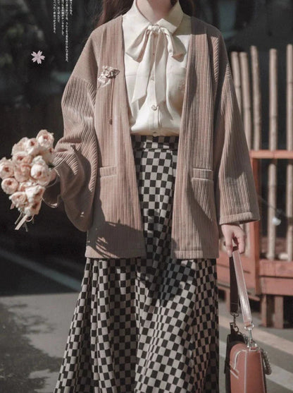 Chiffon Jacket Skirt Retro + Ribbon Checkered Dark Feather Skirt Shirt + Note Showa Brooch Cherry Gray