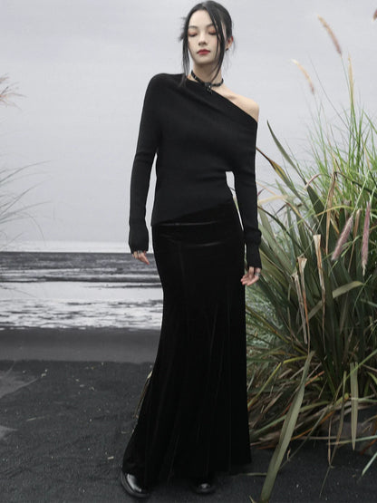 Hohe Meerjungfrau Samt Schwarz Taille Rock Retro Zurück Lange Up Spitze