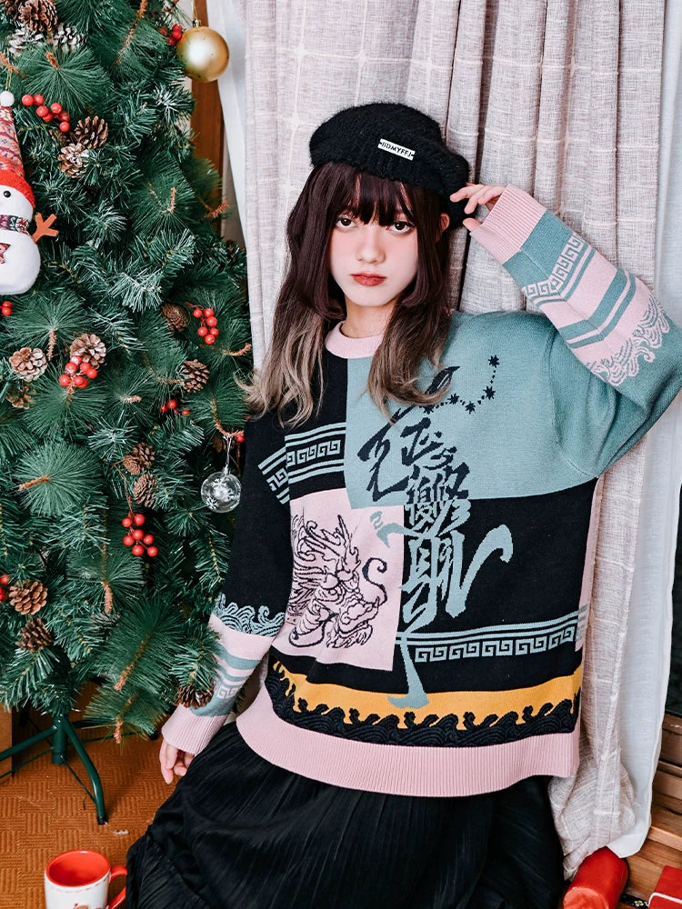 Round Style China Color Neck Knit Loose Contrast New Block