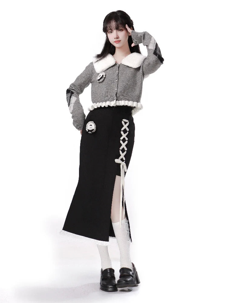 ラビットファーカラーパールバックルフリルショートカーディガン+マーメイドスリットスカート