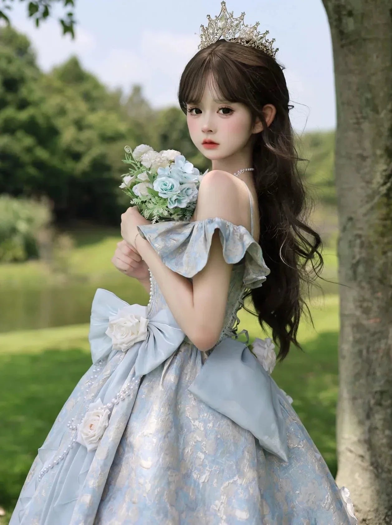 Blue Length Wedding Flower Dress Floor Lolita
