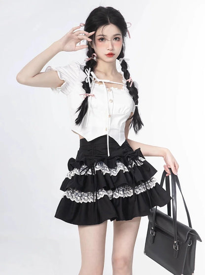 Rock, Oberteil, Ärmel, Rüschen + Puff Cake Bluse