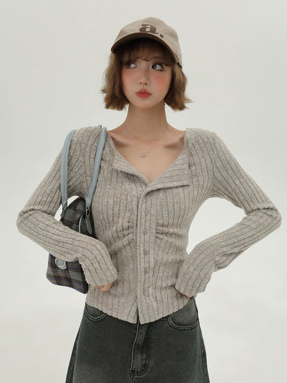 フラップニットカーディガン アメリカンカラー スリム