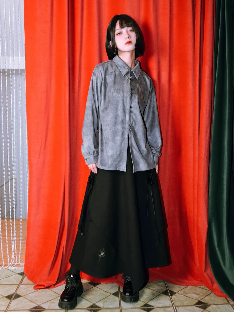 プリントスエードチャイナドラゴンシャツレトロ