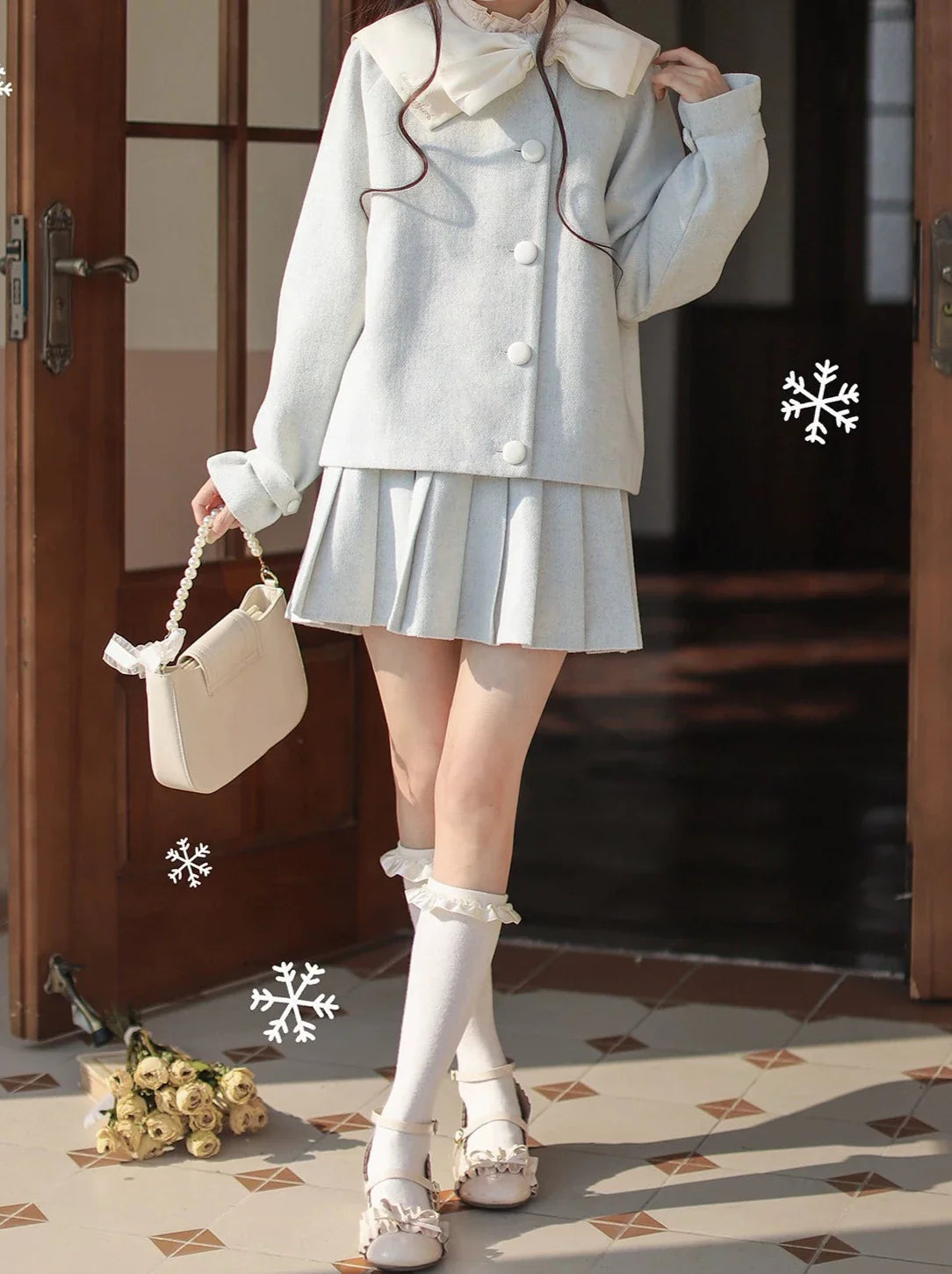 Retro Ribbon Jacket Mint Green Lolita Collar Skirt Pleated