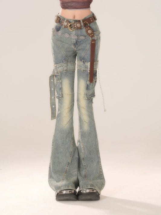 Flared Belt Denim Light-osh Pants