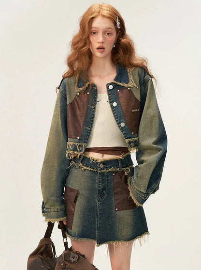 Denim Osh Jacke Denim + Rock Patchwork Leder Short Retro